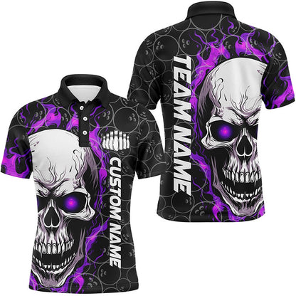 Custom Bowling Polo Shirts, Custom Flaming Skull Team Bowling Shirts For Men, Halloween Bowling Jerseys Purple
