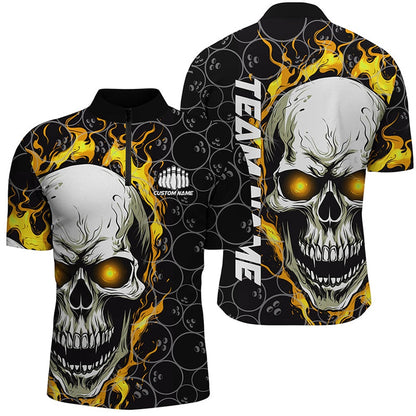 Custom Bowling Polo Shirts, Custom Flaming Skull Team Bowling Shirts For Men, Halloween Bowling Jerseys Yellow