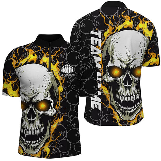 Custom Bowling Polo Shirts, Custom Flaming Skull Team Bowling Shirts For Men, Halloween Bowling Jerseys Yellow