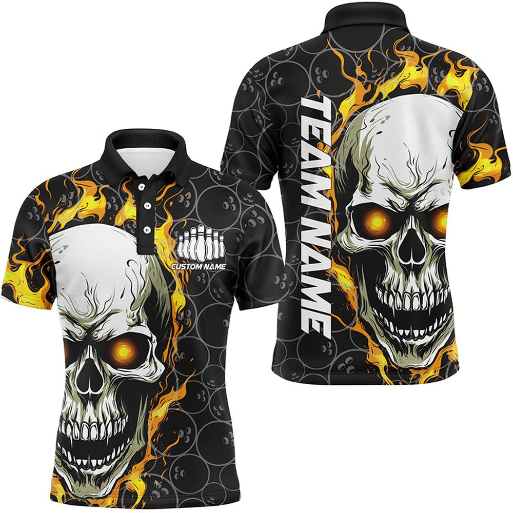 Custom Bowling Polo Shirts, Custom Flaming Skull Team Bowling Shirts For Men, Halloween Bowling Jerseys Yellow