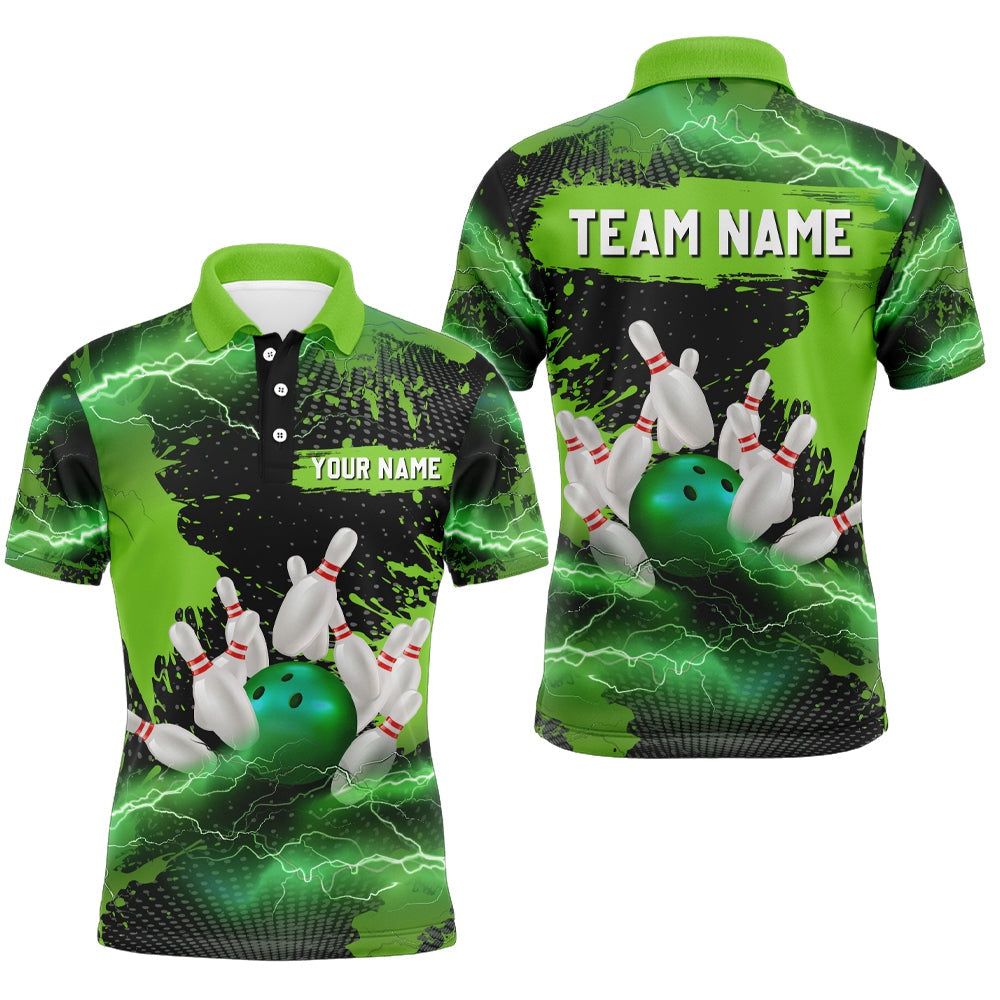 Custom Bowling Polo Shirts, Custom Green Bowling Polo Shirts For Men & Women Lightning Thunder Bowling Team Jerseys