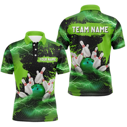 Custom Bowling Polo Shirts, Custom Green Bowling Polo Shirts For Men & Women Lightning Thunder Bowling Team Jerseys