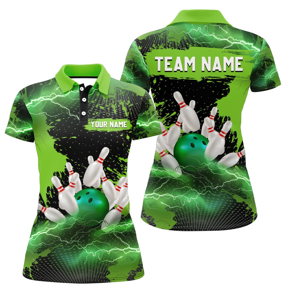Custom Bowling Polo Shirts, Custom Green Bowling Polo Shirts For Men & Women Lightning Thunder Bowling Team Jerseys