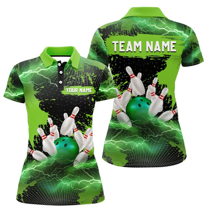 Custom Bowling Polo Shirts, Custom Green Bowling Polo Shirts For Men & Women Lightning Thunder Bowling Team Jerseys
