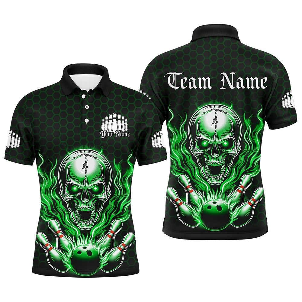 Custom Bowling Polo Shirts, Custom Green Flame Bowling Polo Shirts For Men, Halloween Skull Bowling Shirt Bowling Outfit