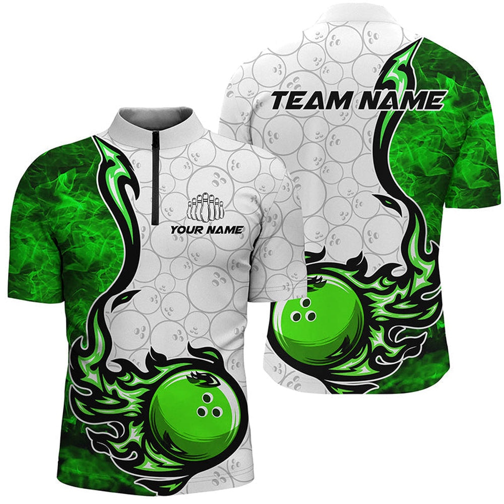 Custom Bowling Polo Shirts, Custom Green Flame Bowling Shirts For Men Bowling Ball Pattern Bowling Team Jerseys For Bowlers