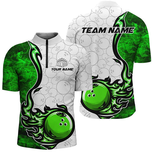 Custom Bowling Polo Shirts, Custom Green Flame Bowling Shirts For Men Bowling Ball Pattern Bowling Team Jerseys For Bowlers