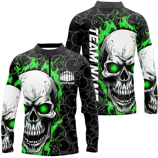 Custom Bowling Polo Shirts, Custom Green Flame Skull Bowling Shirts For Men, Bowling Team Long Sleeve Bowling Shirts
