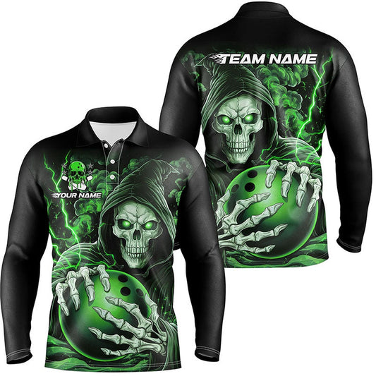 Custom Bowling Polo Shirts, Custom Green Skull Bowling Long Sleeve Polo Shirts For Men, Halloween Bowling Team Shirts