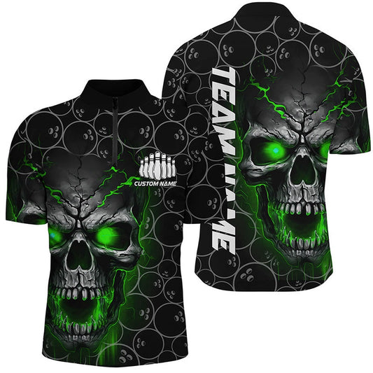 Custom Bowling Polo Shirts, Custom Green Skull Bowling Polo Shirts For Men, Bowling Pattern Bowling Team Jerseys