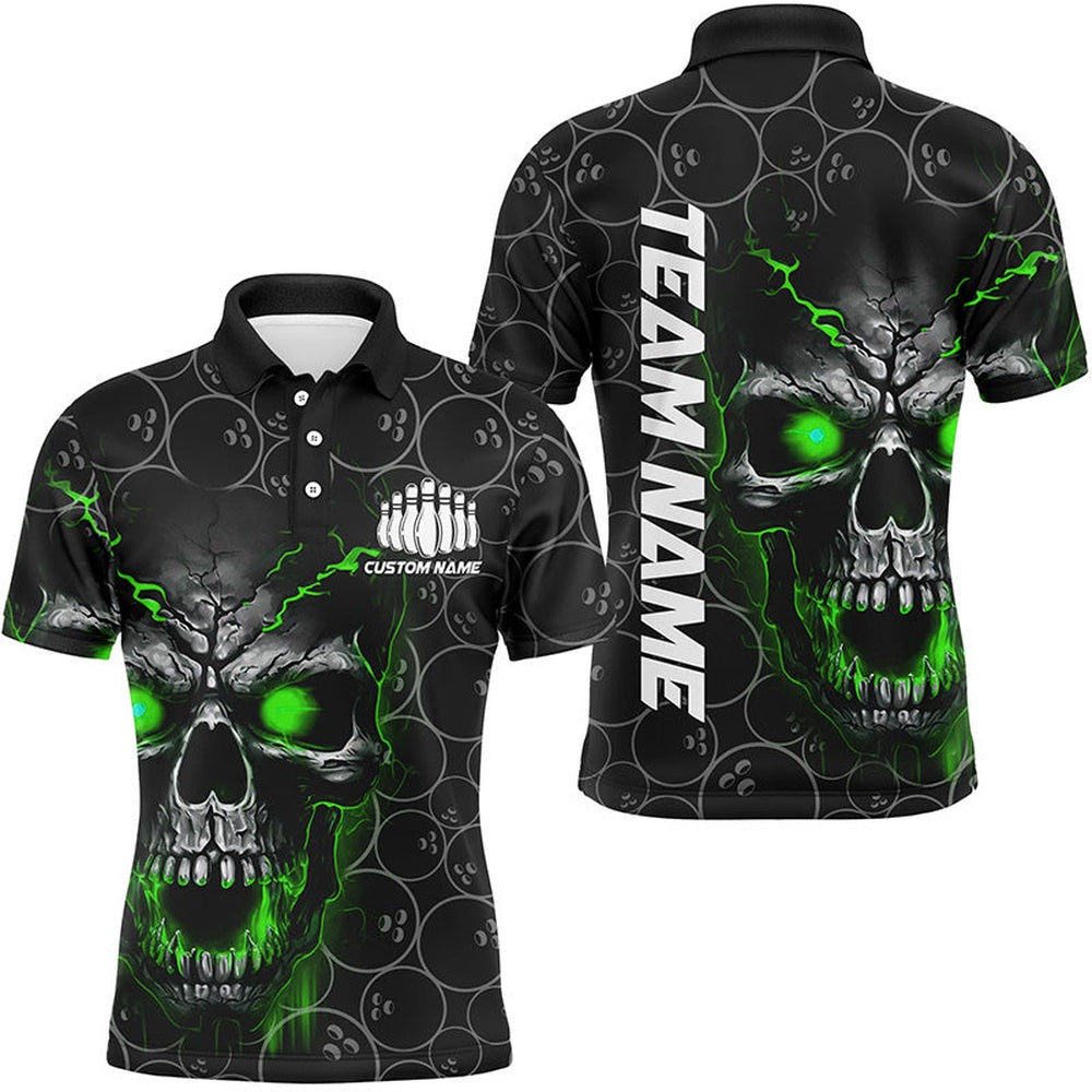 Custom Bowling Polo Shirts, Custom Green Skull Bowling Polo Shirts For Men, Bowling Pattern Bowling Team Jerseys