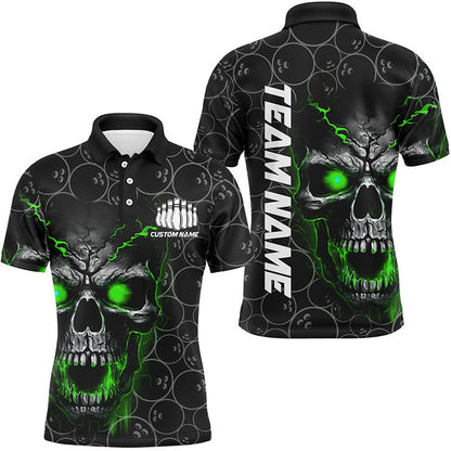Custom Bowling Polo Shirts, Custom Green Skull Bowling Polo Shirts For Men, Bowling Pattern Bowling Team Jerseys