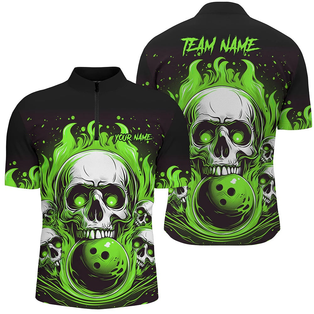 Custom Bowling Polo Shirts, Custom Green Skull Bowling Team Shirts, Flame Bowling Jerseys Bowlers Shirts For Men And Women