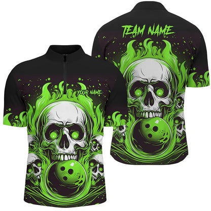 Custom Bowling Polo Shirts, Custom Green Skull Bowling Team Shirts, Flame Bowling Jerseys Bowlers Shirts For Men And Women