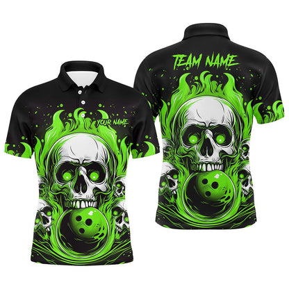 Custom Bowling Polo Shirts, Custom Green Skull Bowling Team Shirts, Flame Bowling Jerseys Bowlers Shirts For Men And Women
