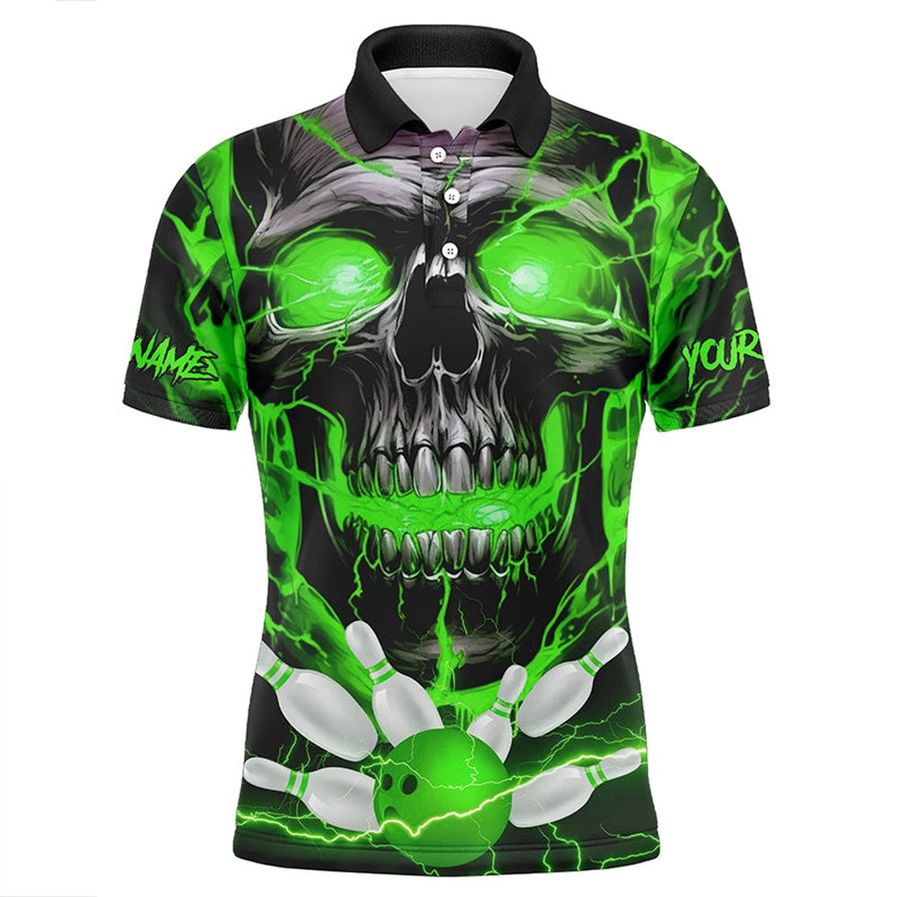 Custom Bowling Polo Shirts, Custom Green Thunder Lightning Skull Bowling Team Jerseys Men Polo Shirts Bowling League Shirts