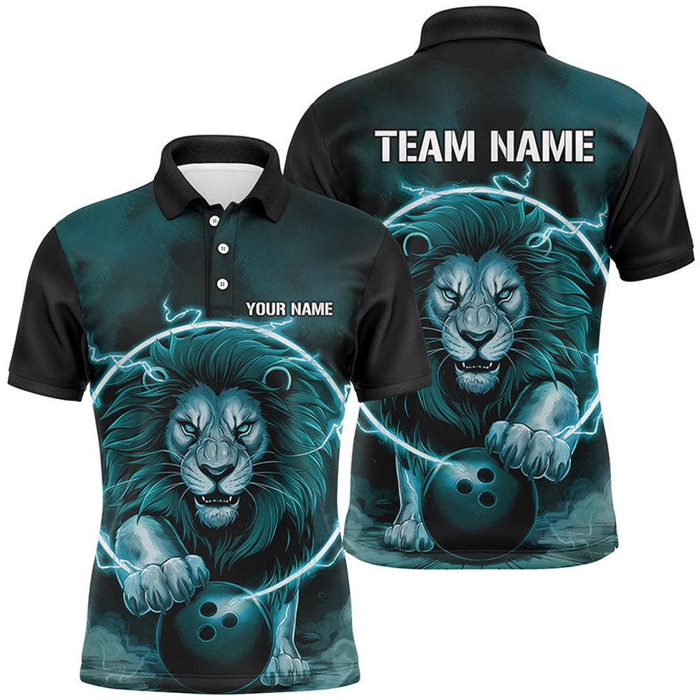 Custom Bowling Polo Shirts, Custom Lion Bowling Polo Shirts For Men, Personalized Bowling Shirts Bowling Uniform Blue