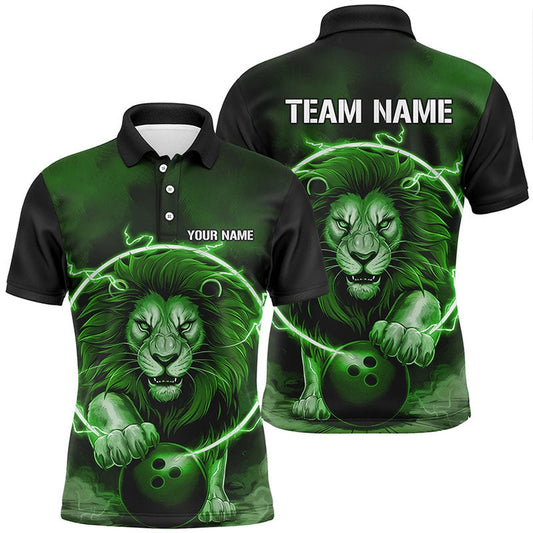 Custom Bowling Polo Shirts, Custom Lion Bowling Polo Shirts For Men, Personalized Bowling Shirts Bowling Uniform Green