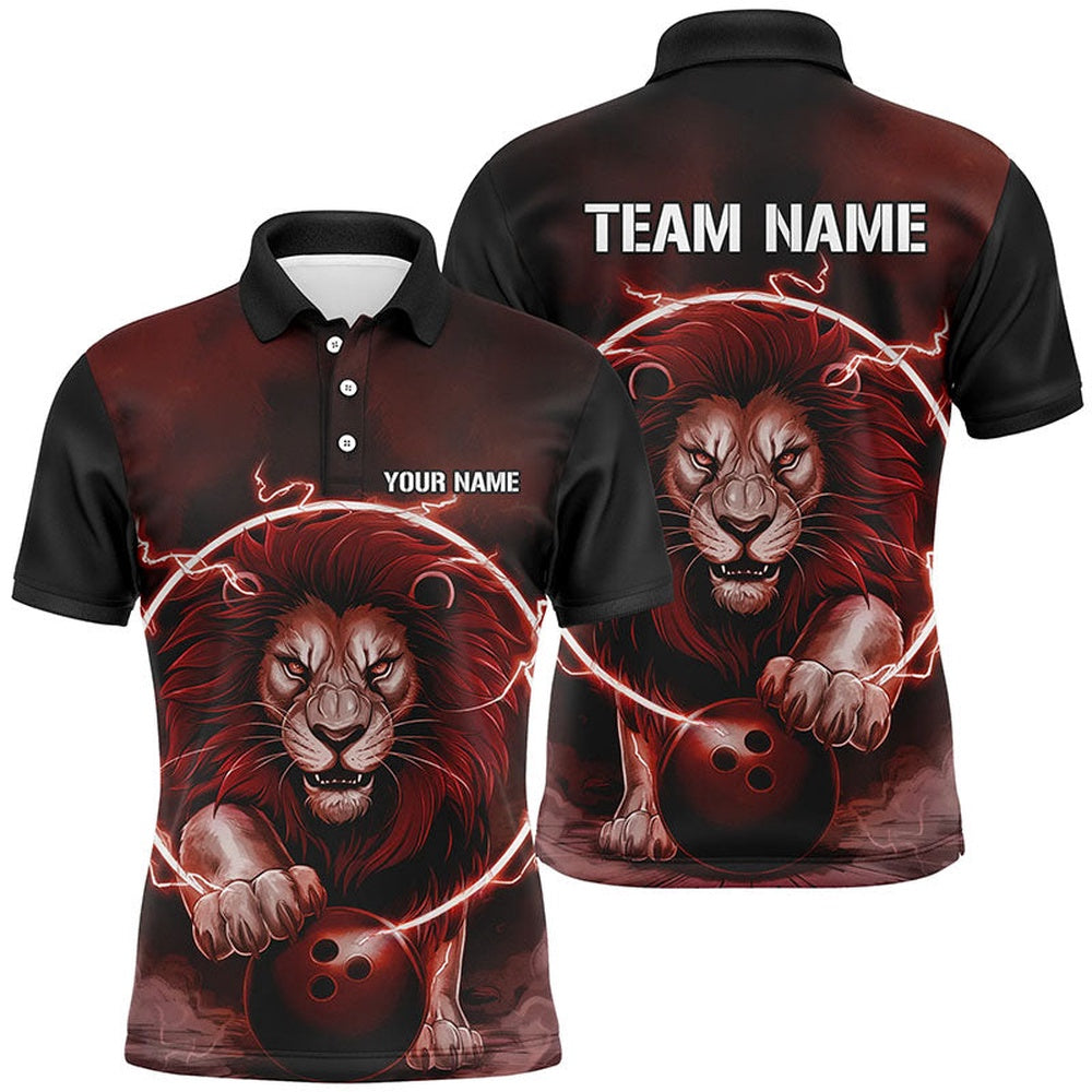 Custom Bowling Polo Shirts, Custom Lion Bowling Polo Shirts For Men, Personalized Bowling Shirts Bowling Uniform Red