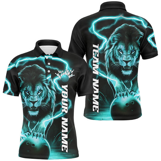 Custom Bowling Polo Shirts, Custom Lion Bowling Shirts For Men, Lion Bowling Team Shirts Outfit Bowling Blue