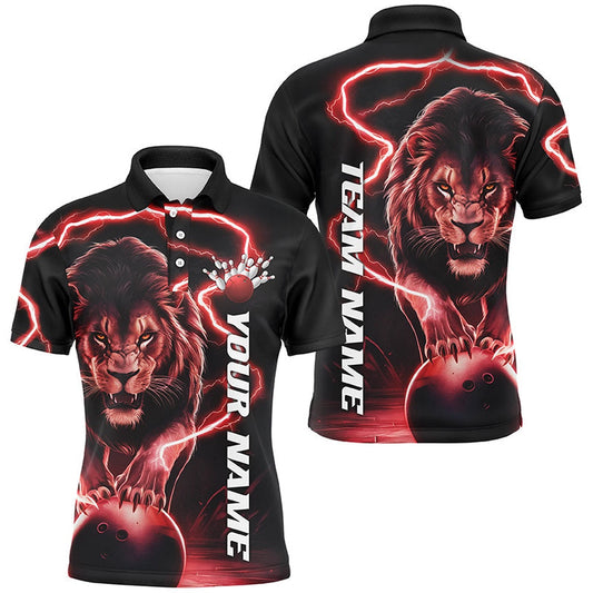 Custom Bowling Polo Shirts, Custom Lion Bowling Shirts For Men, Lion Bowling Team Shirts Outfit Bowling Red