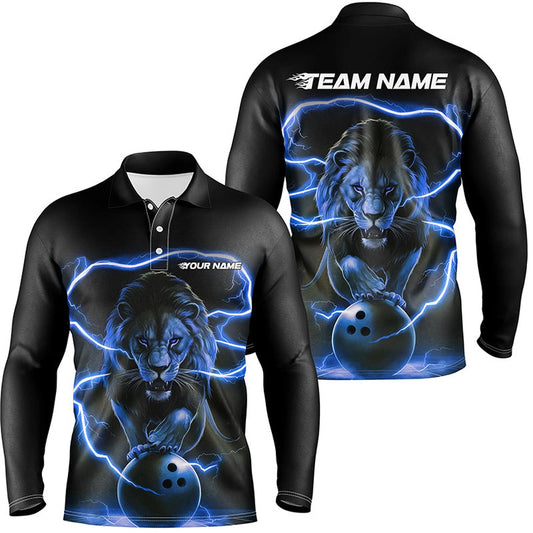 Custom Bowling Polo Shirts, Custom Lion Long Sleeve Bowling Polo Shirts For Men, Bowling Shirts Bowling Uniform Blue
