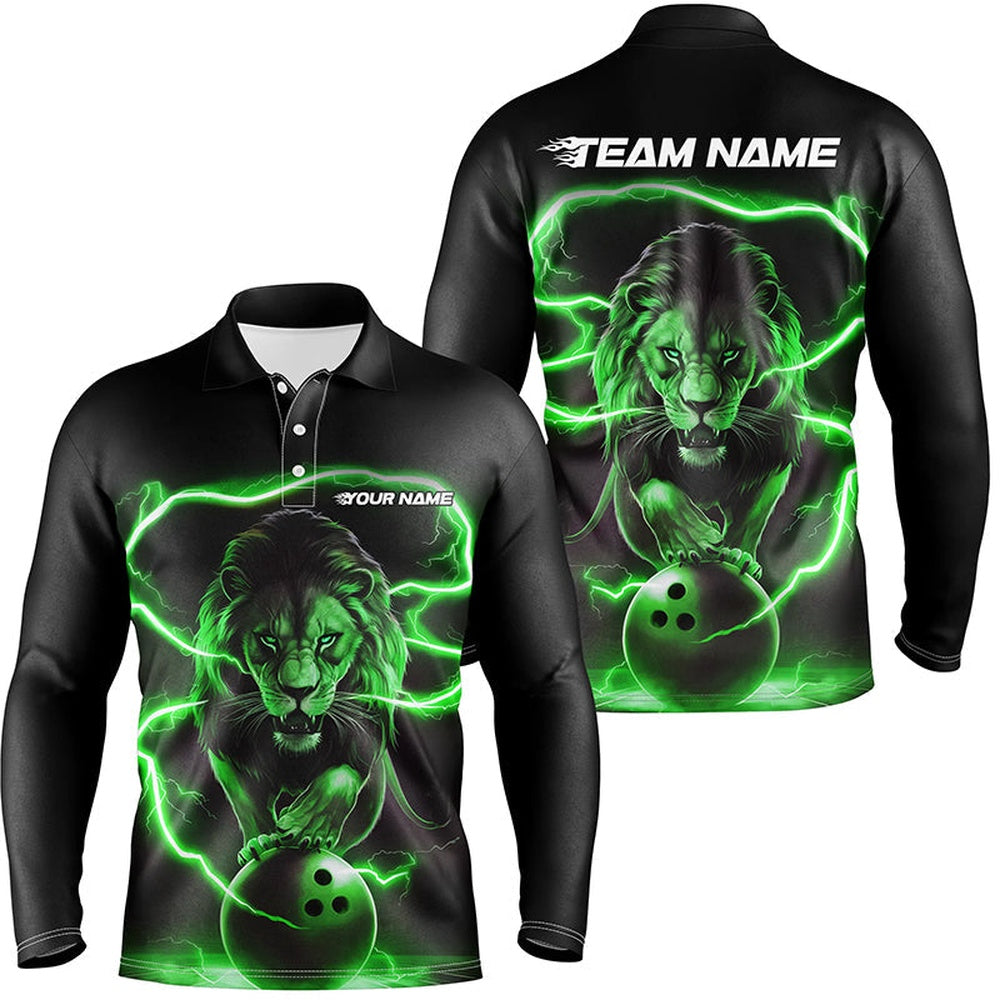 Custom Bowling Polo Shirts, Custom Lion Long Sleeve Bowling Polo Shirts For Men, Bowling Shirts Bowling Uniform Green