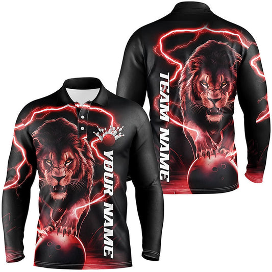 Custom Bowling Polo Shirts, Custom Lion Long Sleeve Bowling Shirts For Men, Lion Bowling Team Shirts Outfit Red