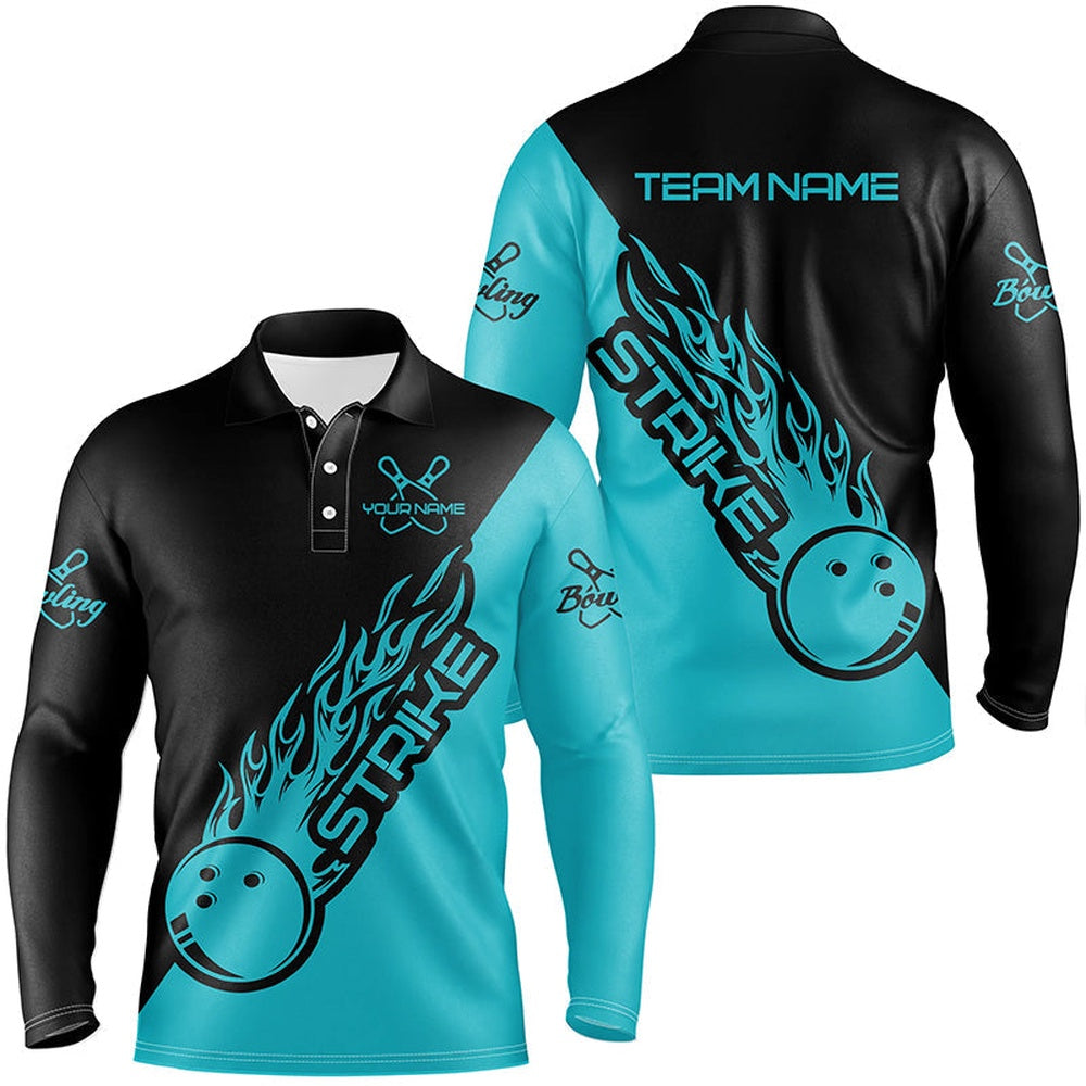 Custom Bowling Polo Shirts, Custom Long Sleeve Flame Bowling Shirts For Men, Bowling Team Polo Shirt Bowling Jersey Blue