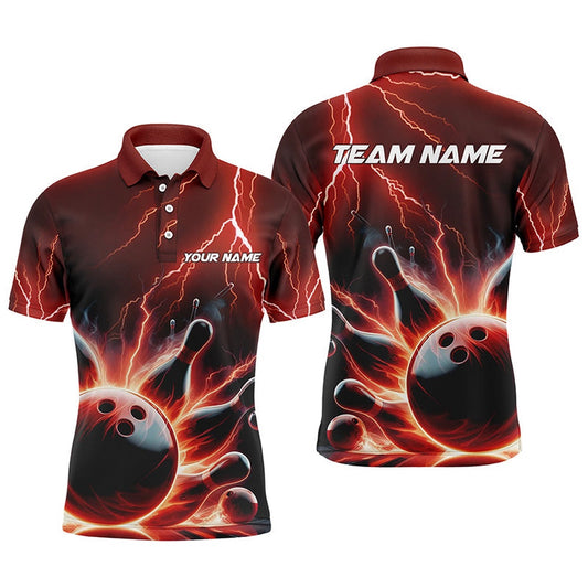 Custom Bowling Polo Shirts, Custom Men Bowling Polo Shirts Red Thunder Lightning Bowling Strike Bowling Team Shirts