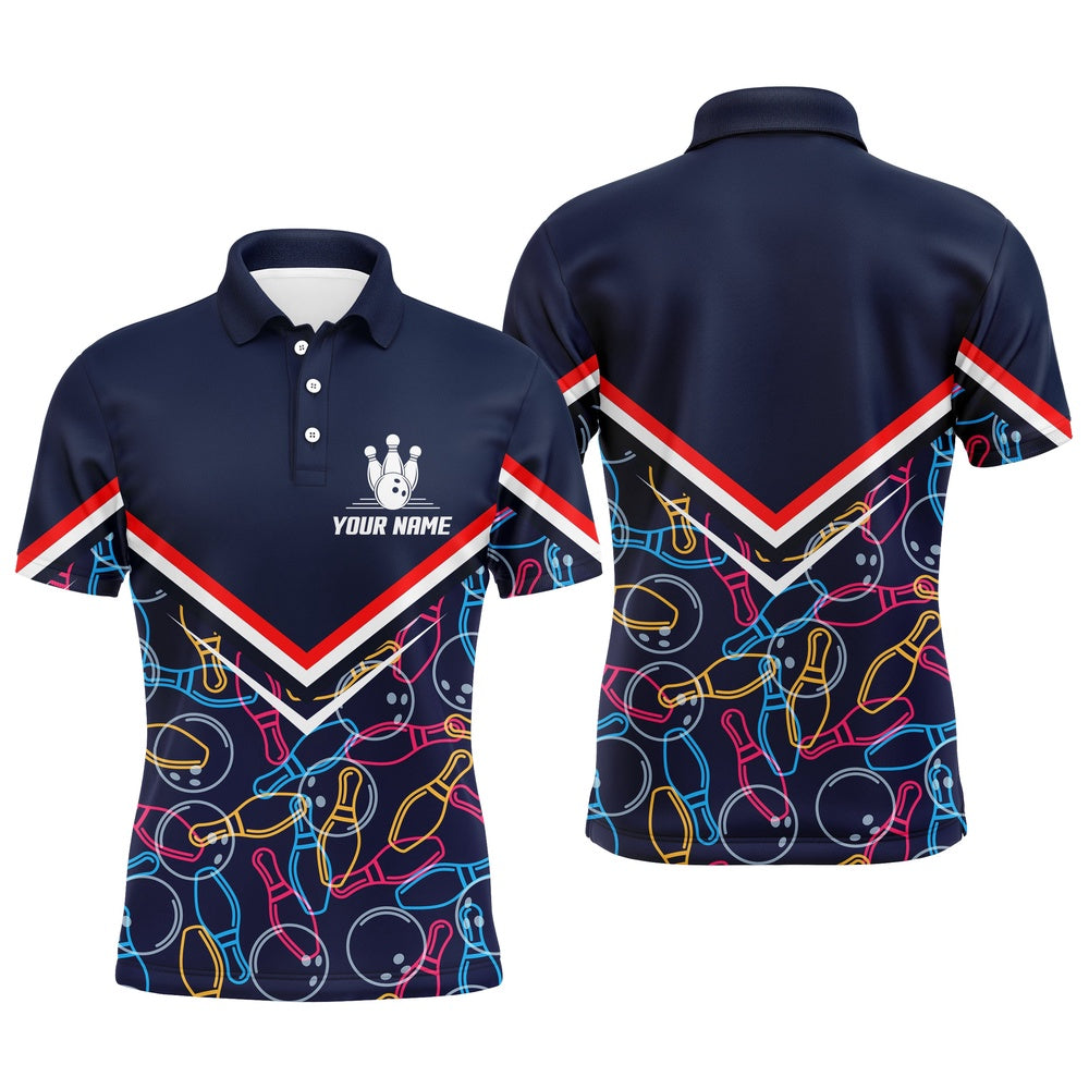 Custom Bowling Polo Shirts, Custom Men Polo Bowling Shirt Navy Blue Bowling Pins And Ball Pattern Short Sleeve Men Bowlers
