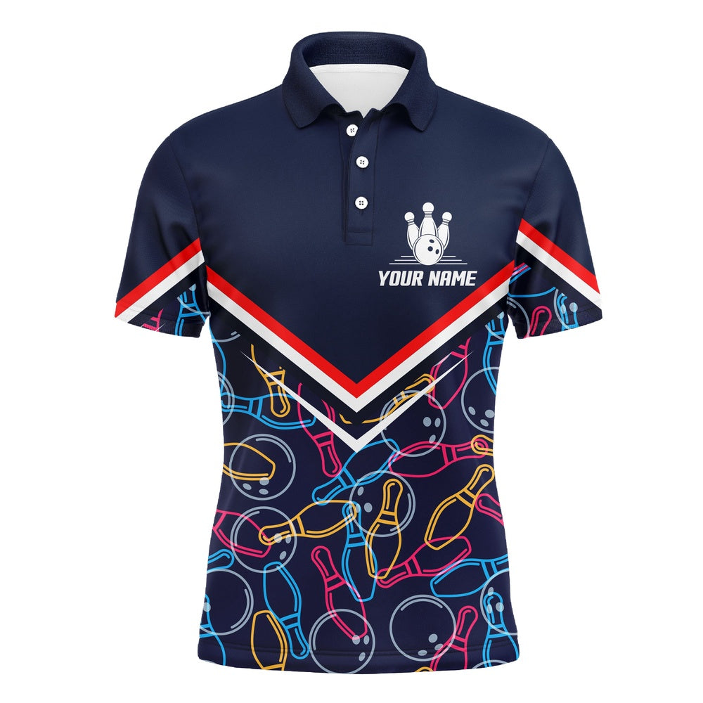 Custom Bowling Polo Shirts, Custom Men Polo Bowling Shirt Navy Blue Bowling Pins And Ball Pattern Short Sleeve Men Bowlers