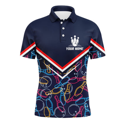 Custom Bowling Polo Shirts, Custom Men Polo Bowling Shirt Navy Blue Bowling Pins And Ball Pattern Short Sleeve Men Bowlers