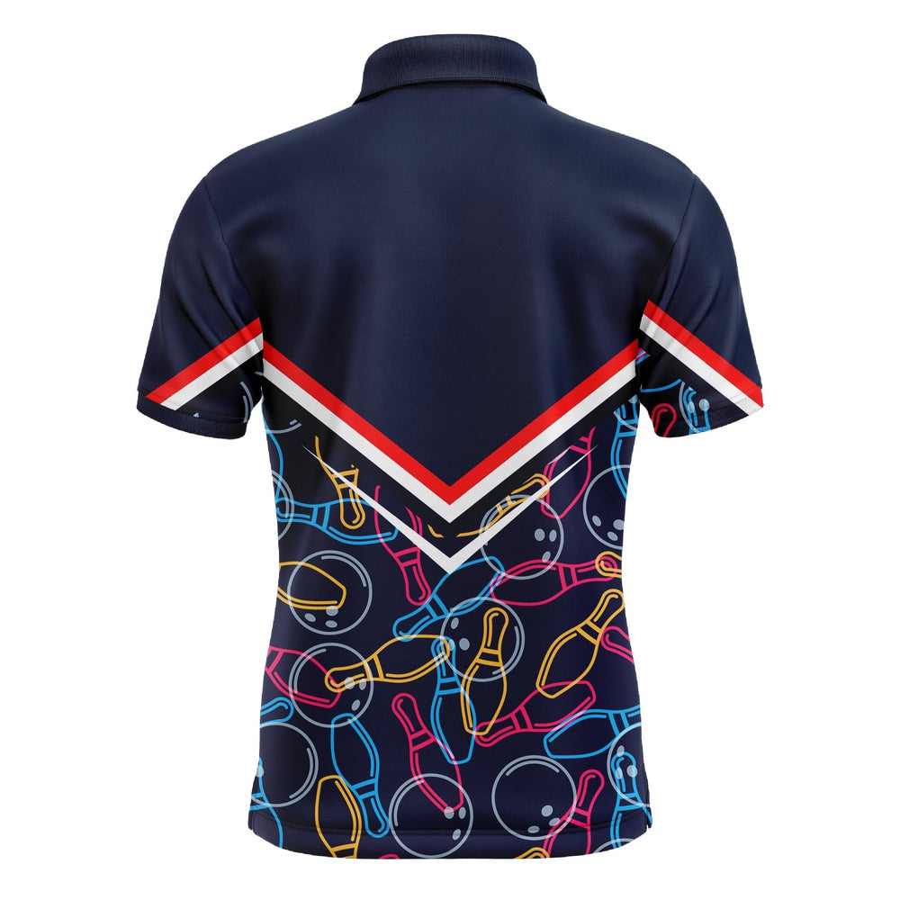 Custom Bowling Polo Shirts, Custom Men Polo Bowling Shirt Navy Blue Bowling Pins And Ball Pattern Short Sleeve Men Bowlers