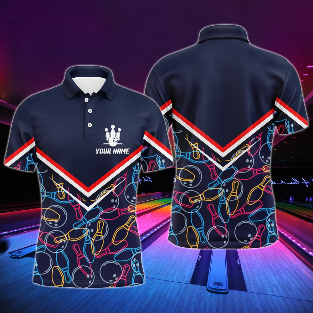 Custom Bowling Polo Shirts, Custom Men Polo Bowling Shirt Navy Blue Bowling Pins And Ball Pattern Short Sleeve Men Bowlers