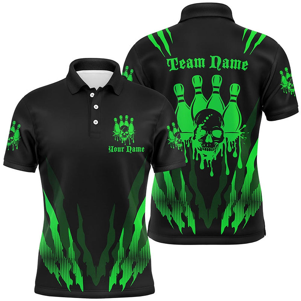 Custom Bowling Polo Shirts, Custom Multicolor Bowling Skull Tattoo Shirt For Bowling Team, Bowling League Bowlers Outfits