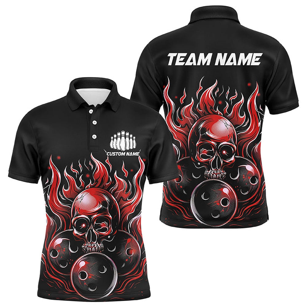Custom Bowling Polo Shirts, Custom Multicolor Flaming Skull Bowling Team Shirts For Men And Women, Flaming Bowling Jerseys Bowlers Outfit