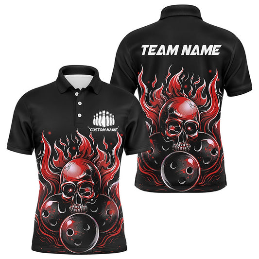 Custom Bowling Polo Shirts, Custom Multicolor Flaming Skull Bowling Team Shirts For Men And Women, Flaming Bowling Jerseys Bowlers Outfit