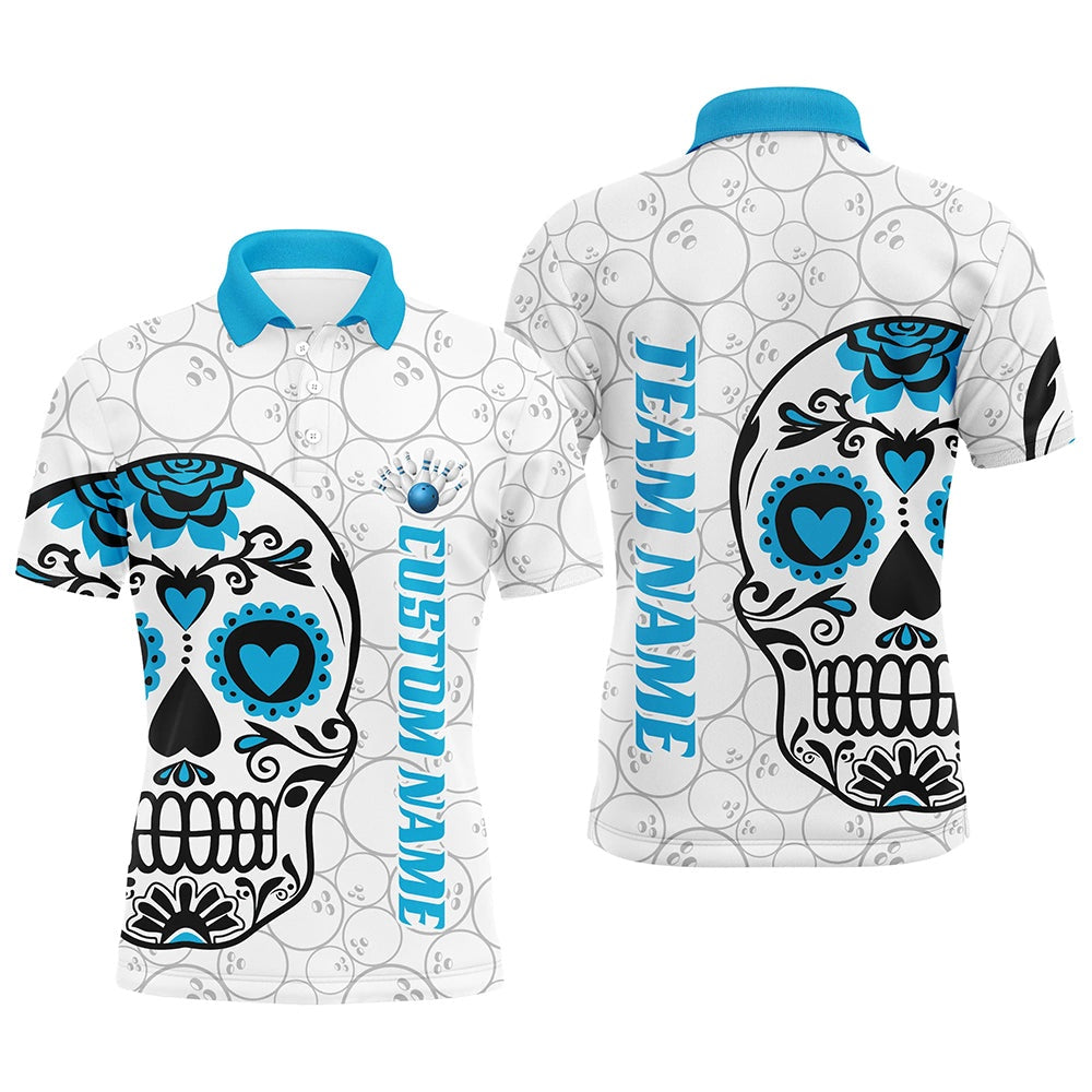 Custom Bowling Polo Shirts, Custom Multicolor Sugar Skull Tattoo Bowling Shirts For Men And Women, Custom Bowling Tournament Team Shirts