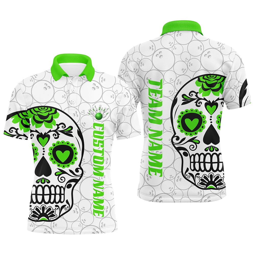 Custom Bowling Polo Shirts, Custom Multicolor Sugar Skull Tattoo Bowling Shirts For Men And Women, Custom Bowling Tournament Team Shirts