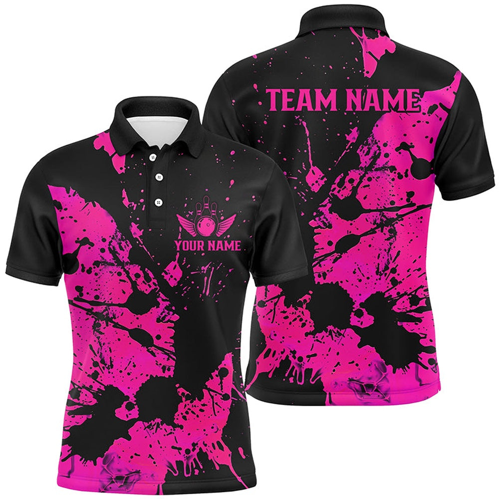 Custom Bowling Polo Shirts, Custom Name Black And Pink Bowling Team Shirts For Men And Women, Bowling League Jerseys