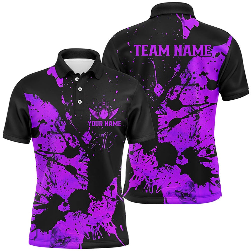Custom Bowling Polo Shirts, Custom Name Black And Purple Bowling Team Shirts For Men And Women, Bowling League Jerseys