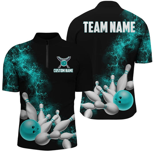 Custom Bowling Polo Shirts, Custom Name Unisex Strike Bowling Team Shirts For Men And Women, Bowlers Outfit Ball Blue