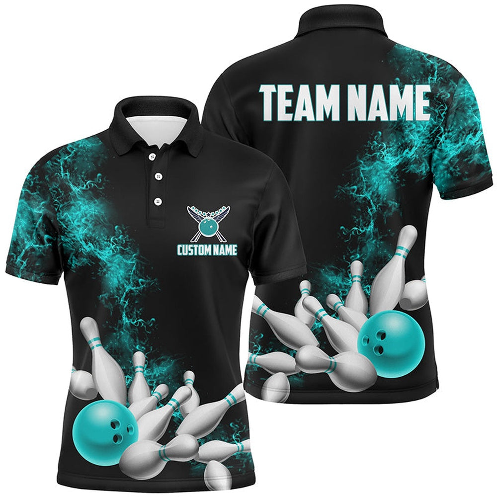 Custom Bowling Polo Shirts, Custom Name Unisex Strike Bowling Team Shirts For Men And Women, Bowlers Outfit Ball Blue