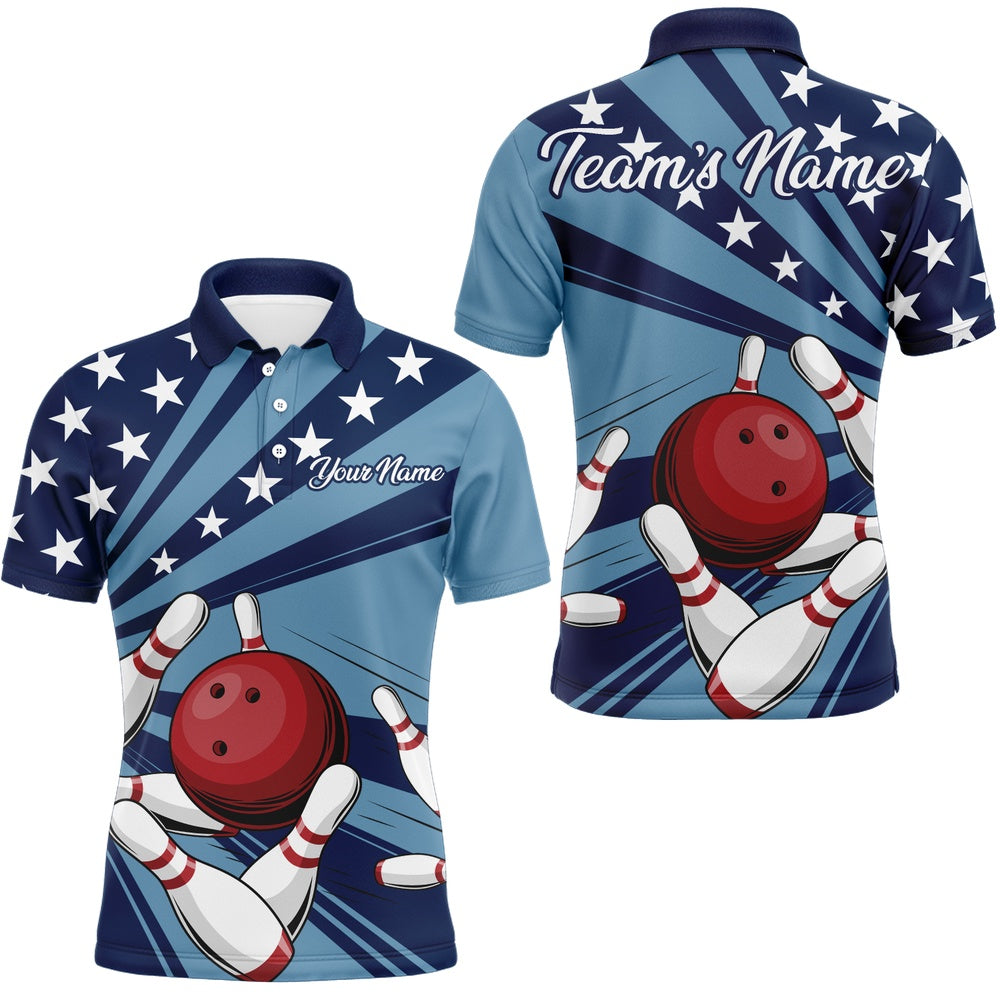 Custom Bowling Polo Shirts, Custom Navy Bowling Jersey For Men American Flag Bowling Team Shirt Bowling Polo Shirt