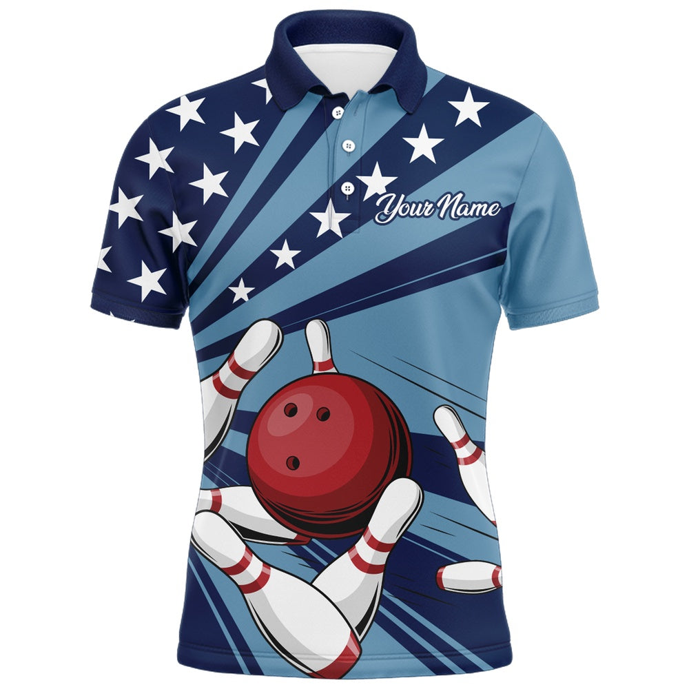 Custom Bowling Polo Shirts, Custom Navy Bowling Jersey For Men American Flag Bowling Team Shirt Bowling Polo Shirt