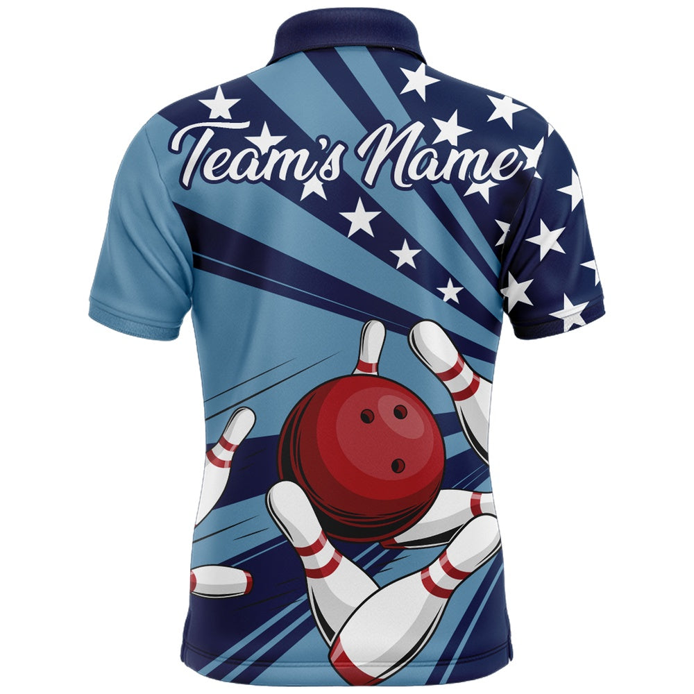 Custom Bowling Polo Shirts, Custom Navy Bowling Jersey For Men American Flag Bowling Team Shirt Bowling Polo Shirt