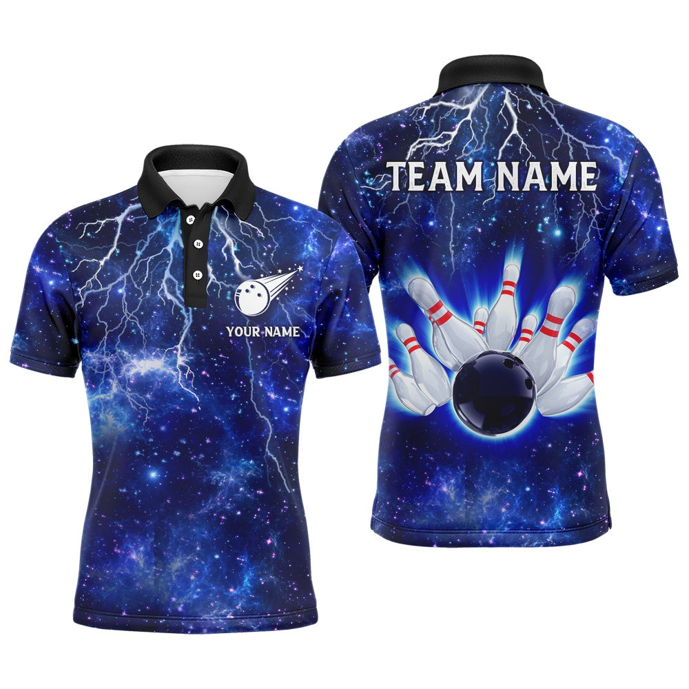 Custom Bowling Polo Shirts, Custom Navy Bowling Polo Shirt For Men Lightning Thunder Bowling Jersey Team League
