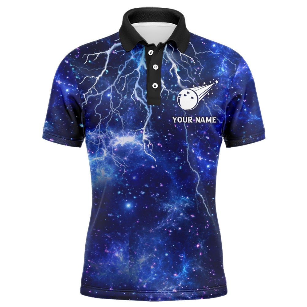 Custom Bowling Polo Shirts, Custom Navy Bowling Polo Shirt For Men Lightning Thunder Bowling Jersey Team League