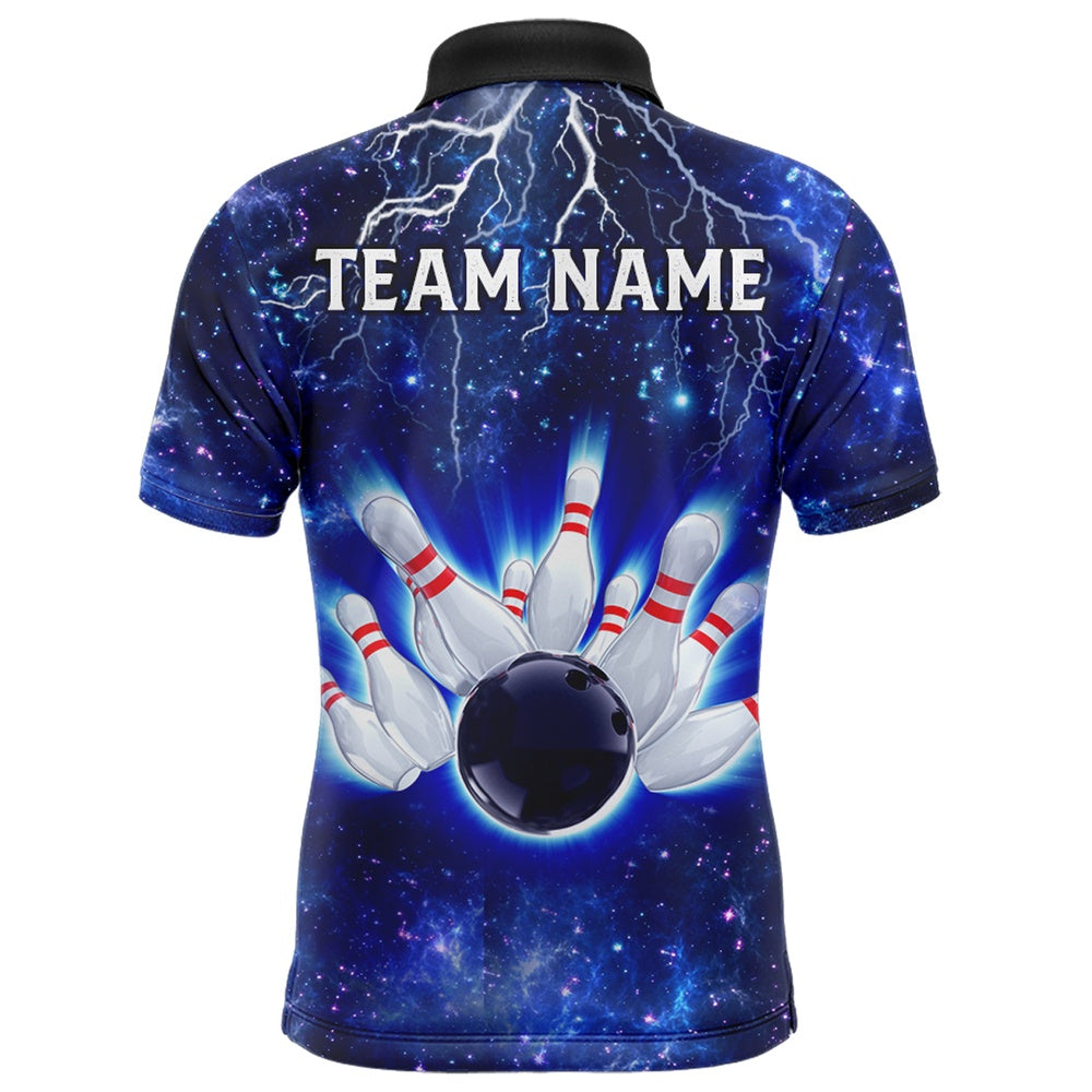 Custom Bowling Polo Shirts, Custom Navy Bowling Polo Shirt For Men Lightning Thunder Bowling Jersey Team League